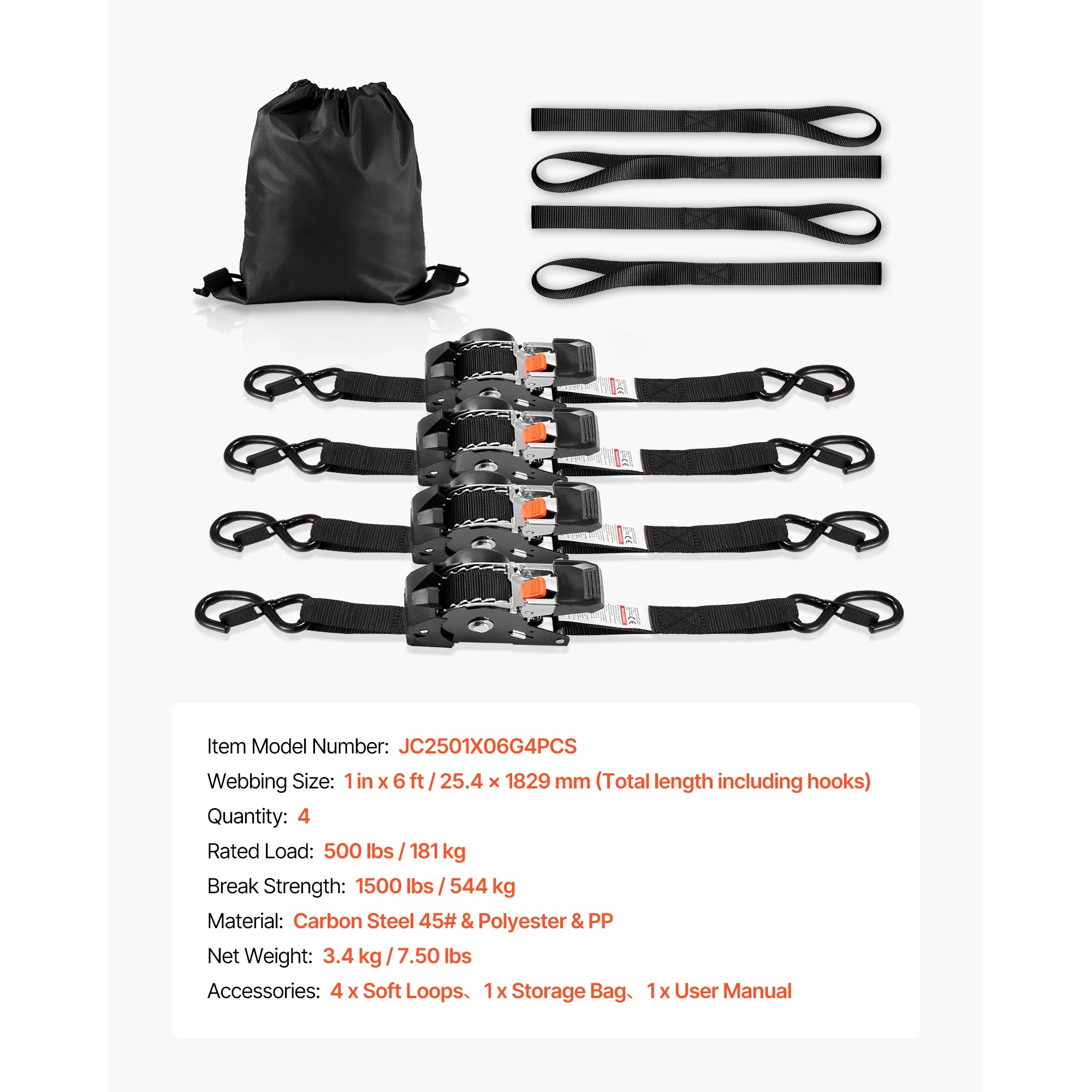 SucceBuy 4 Pack 1in x 6ft Retractable Ratchet Straps Tie Down Straps with S Hooks Tie Down Ratcheting for Moving Trailers