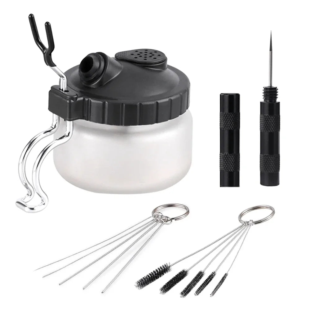 Kit de limpeza para aerógrafo, frasco de limpeza com suporte e escovas/agullhas de limpeza, escova de dupla extremidade, tampas de proteção para aerógrafo