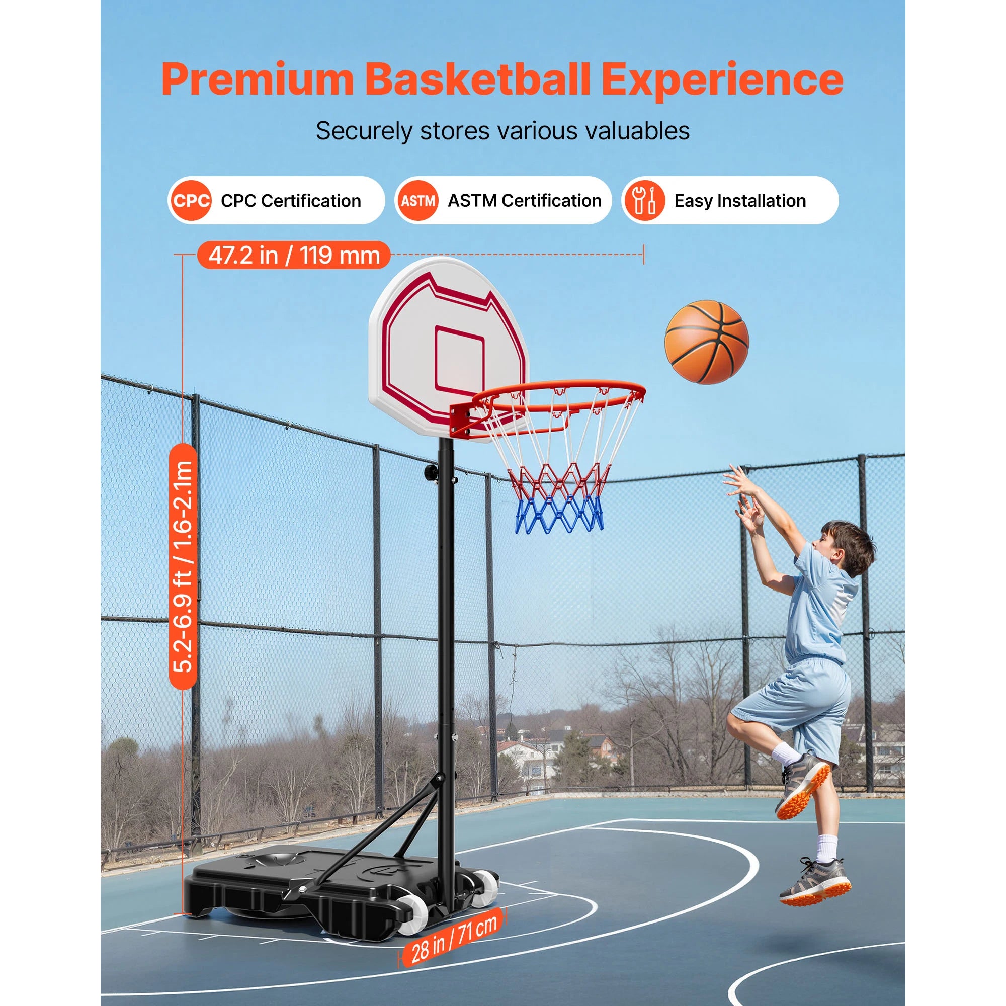 Canestro da basket portatile regolabile 5,2–6,9 ft con ruote