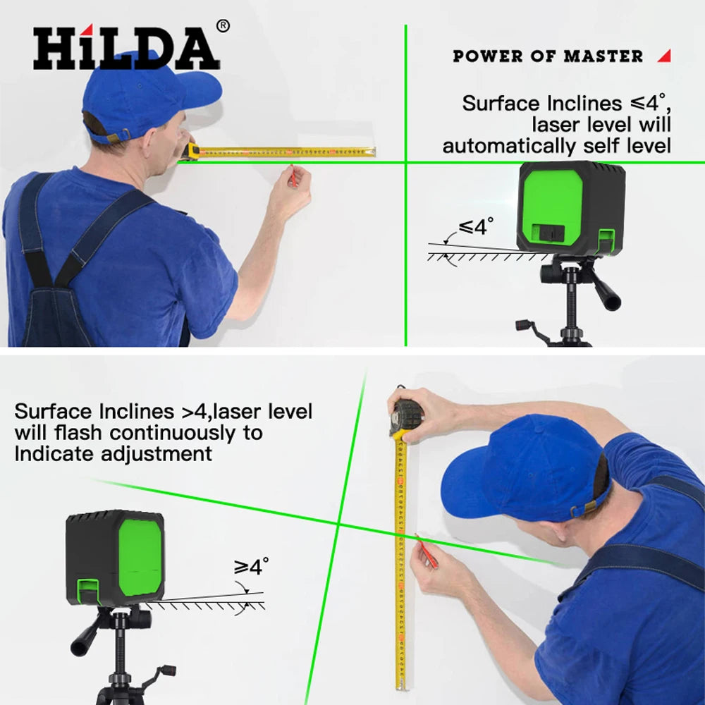 HILDA 2 Lines Mini Laser Level Self Levelling Green Beams Laser Horizontal & Vertical Cross-Line USB Charging 
