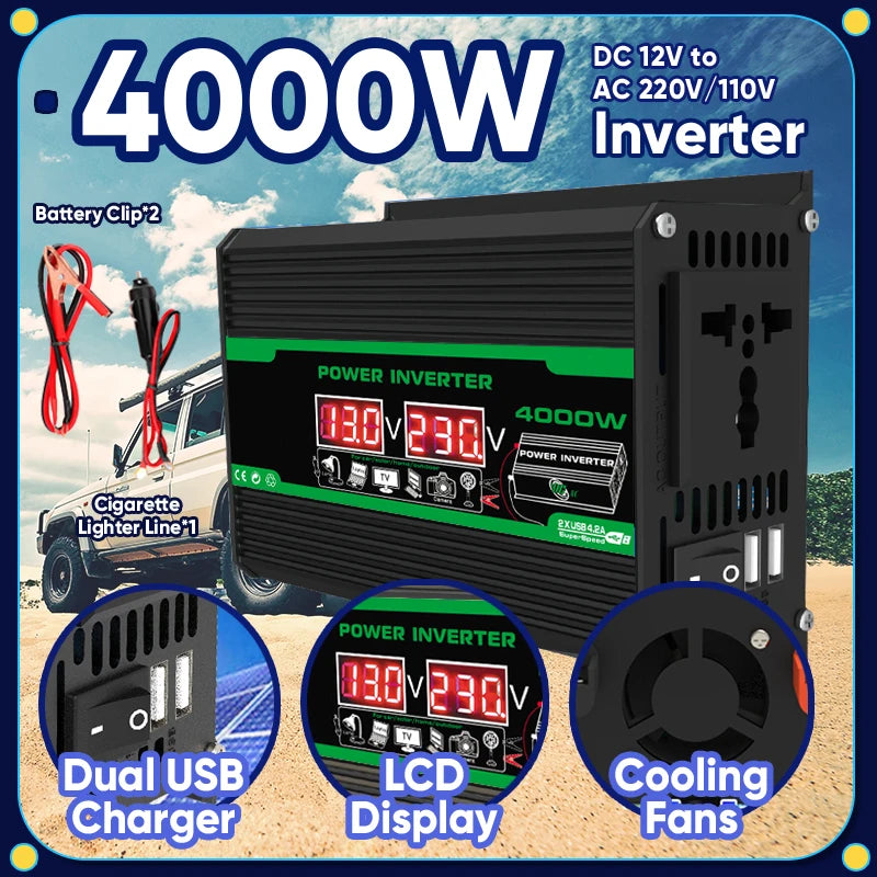 4000W DC 12V To AC 110V 220V Dual USB LCD Display Solar Inverters Portable Power Bank Car Converter For Camping RV