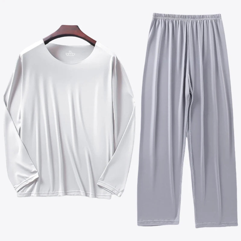 Men's Ice Silk Pyjama Set with Long Sleeve Top and Elastic Waist