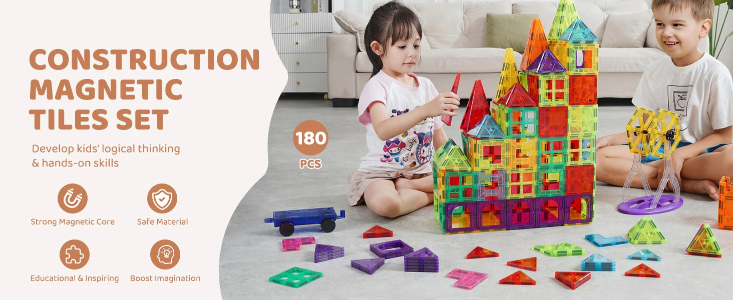 180PCS Magnetic Building Tiles Set with Storage Bag for Kids