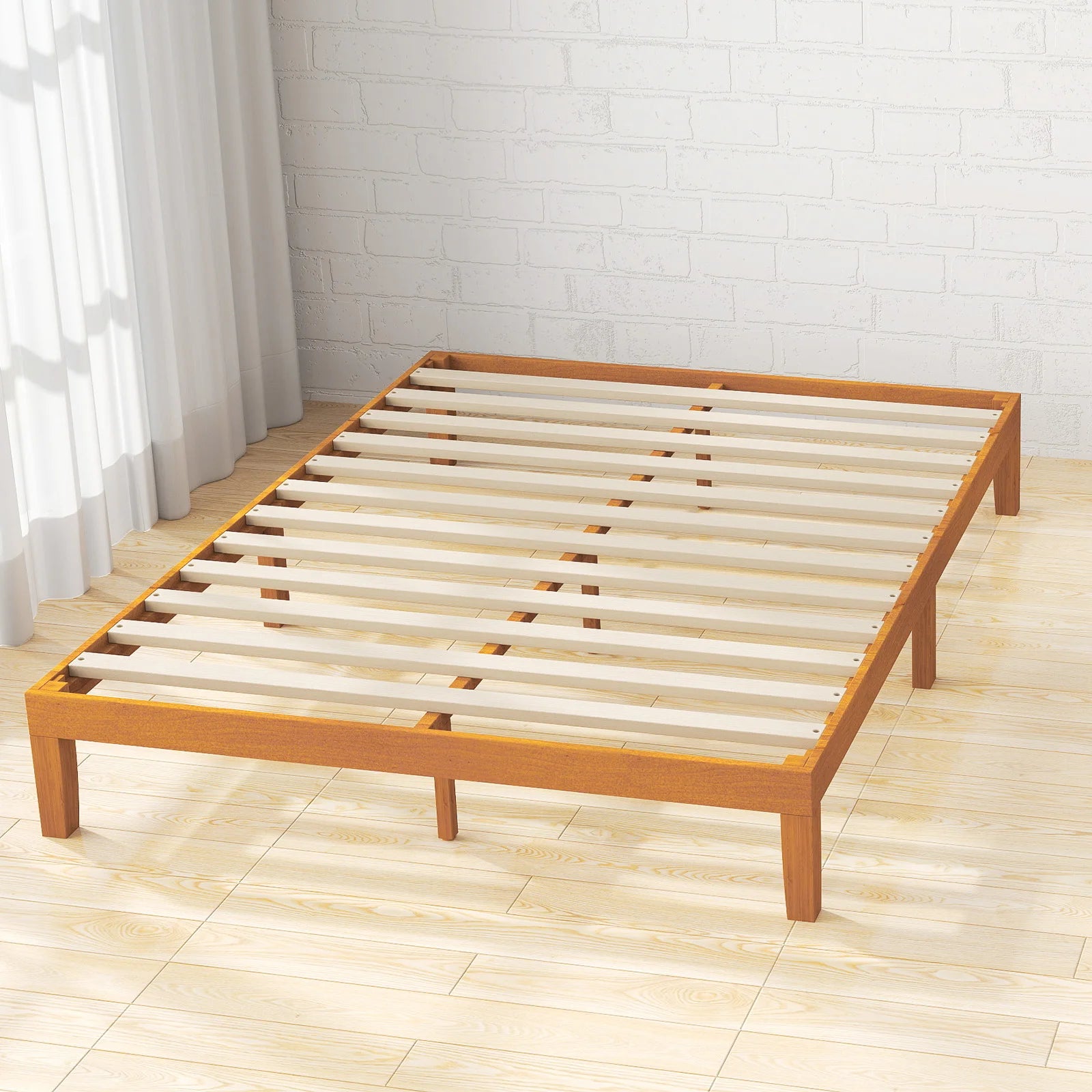 Solid Wood Queen Bed Frame with Slats, No Box Spring Needed