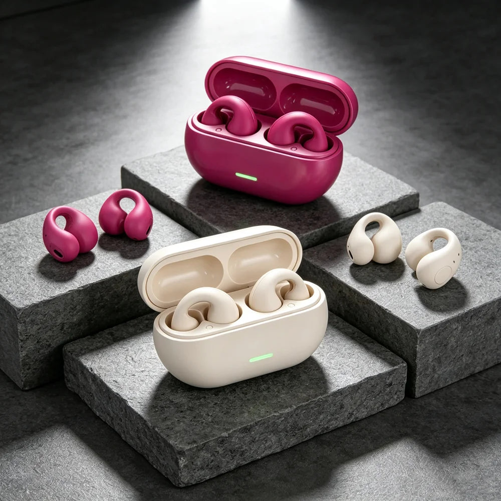 Bluetooth 5.3 Open-Ear Clip Earbuds with Multipoint and Charging Case