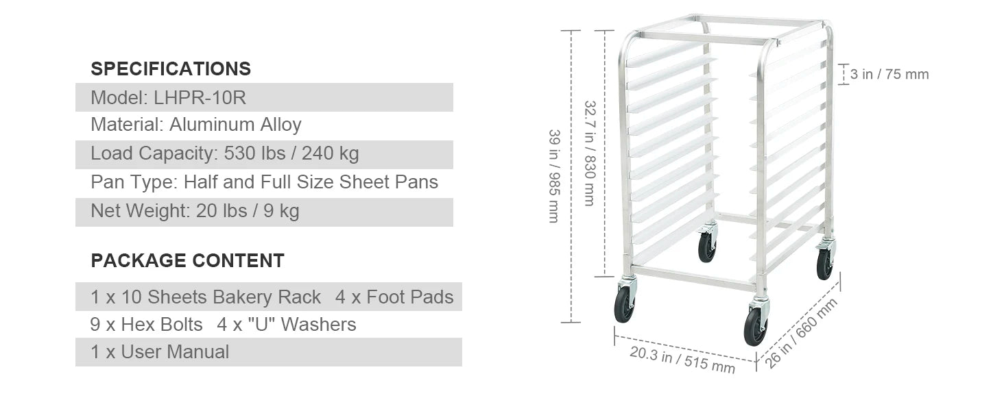 Commercial Bun Pan Rack with Brake Wheels for 10/20 Sheet Pans