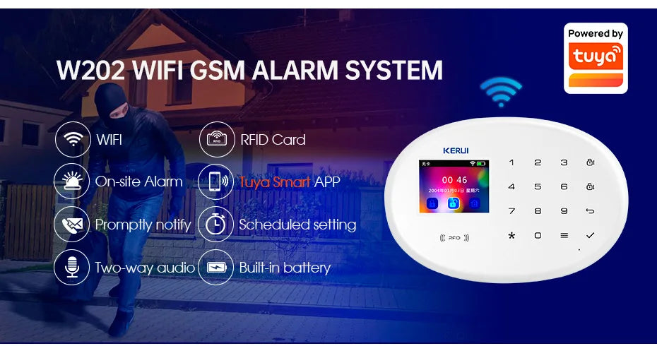KERUI 433MHZ GSM+WiFi Heimalarm Kommt mit Tuya Smart Anti-Diebstahl Alarme Alarm System Kits Integrierte Batterie Sirene PIR Sensor