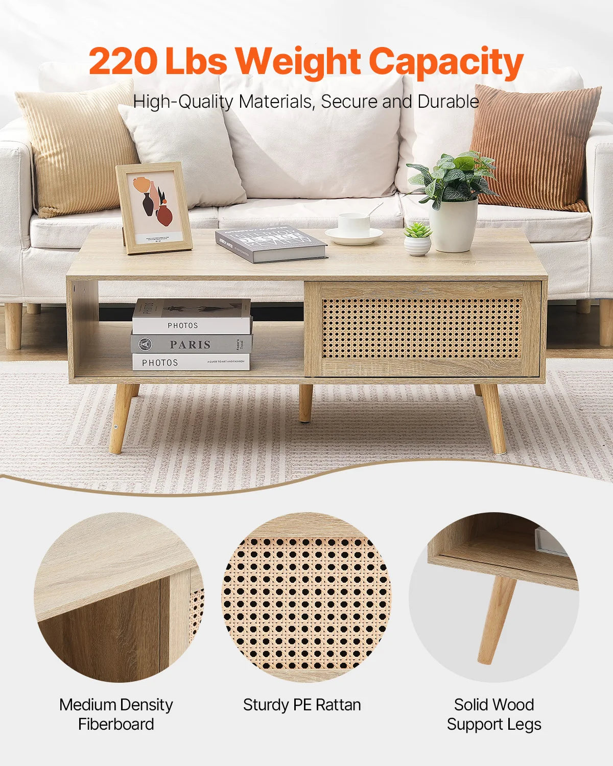 Rattan Coffee Table with Storage Shelf Boho Rectangle 42–47in