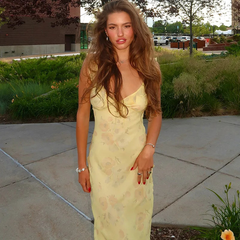 Cryptographic Summer Floral Print Plunge Maxi Dress Outfits Sexy Backless Fairy Sun Dresses Vacation Beachwear Vestido Coquette 