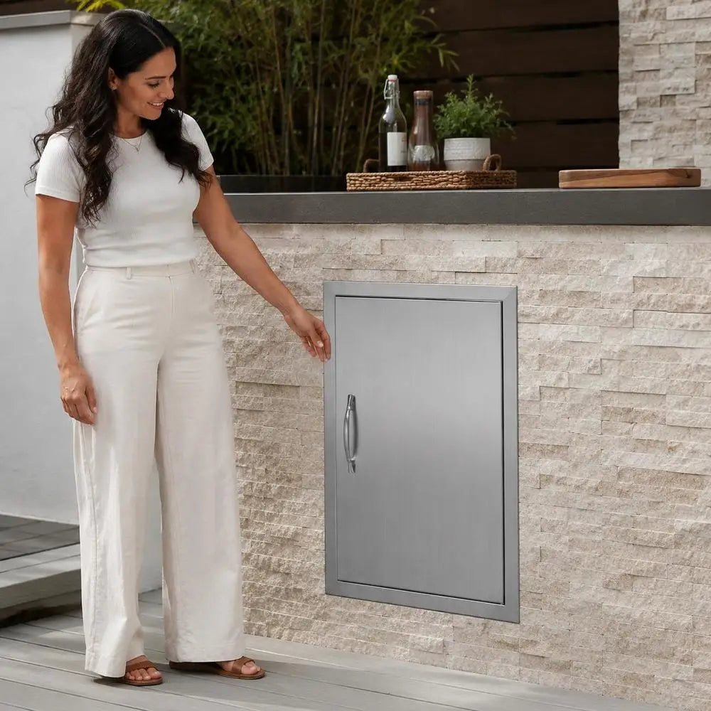 Porta de Acesso a Grill, 457 x 610 x 45 mm, Porta Externa Individual, Porta em Aço Inoxidável embutida, Porta Vertical com Pega, para Ilha de Grelha/Estação de Grelha Armário Externo