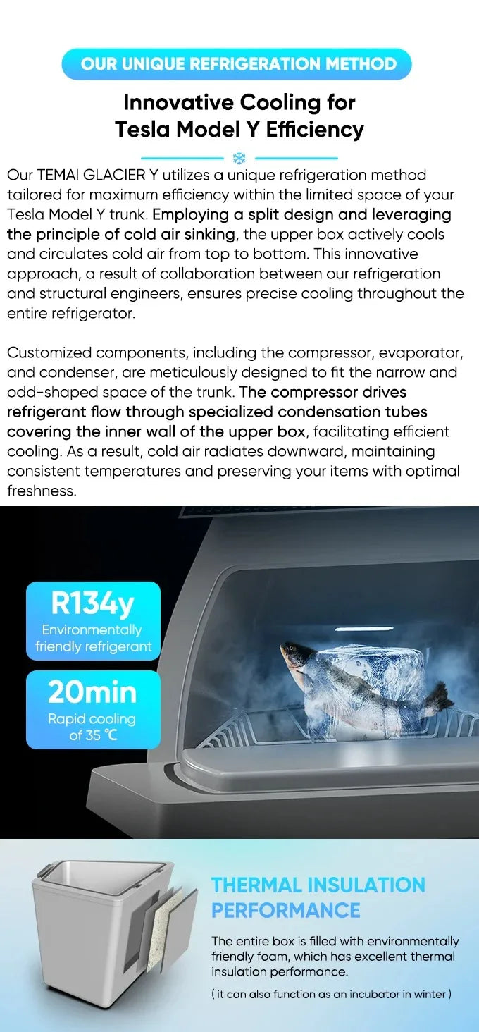 For Tesla Model Y 2021-2026 (Juniper)16L Compressor Fridge,Refrigerant & Bluetooth-Not for Berlin Factory Juniper 7-Seat Camping