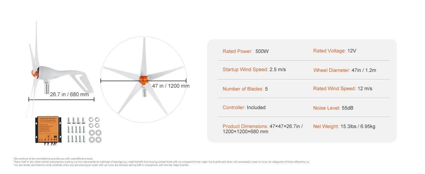 SucceBuy Wind Turbine Generator 12V 500W/800W Wind Turbine Wind Power Generator with MPPT Controller Suitable for Home Farm RVs