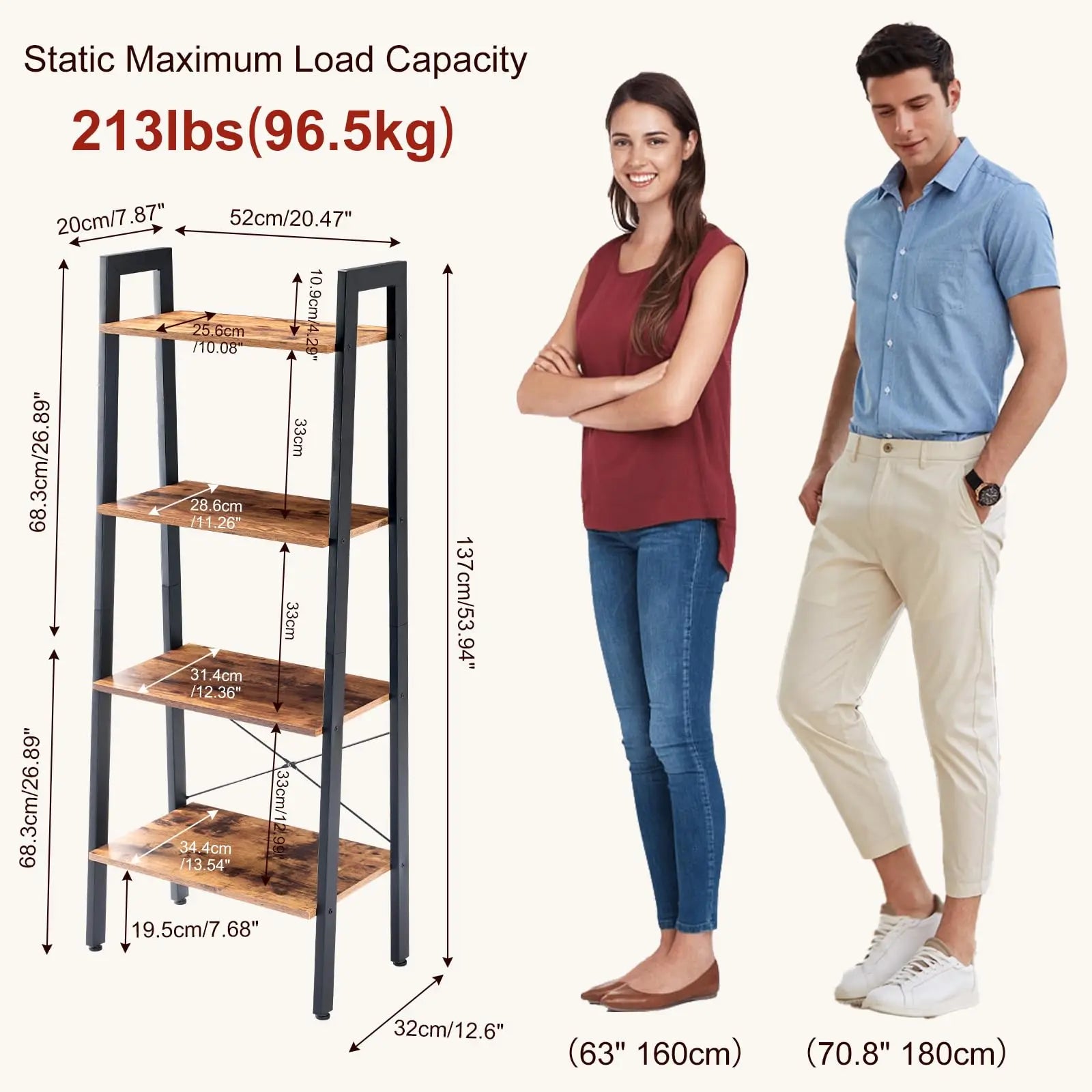 4-Tier Ladder Bookshelf with Wood Shelves and Metal Frame