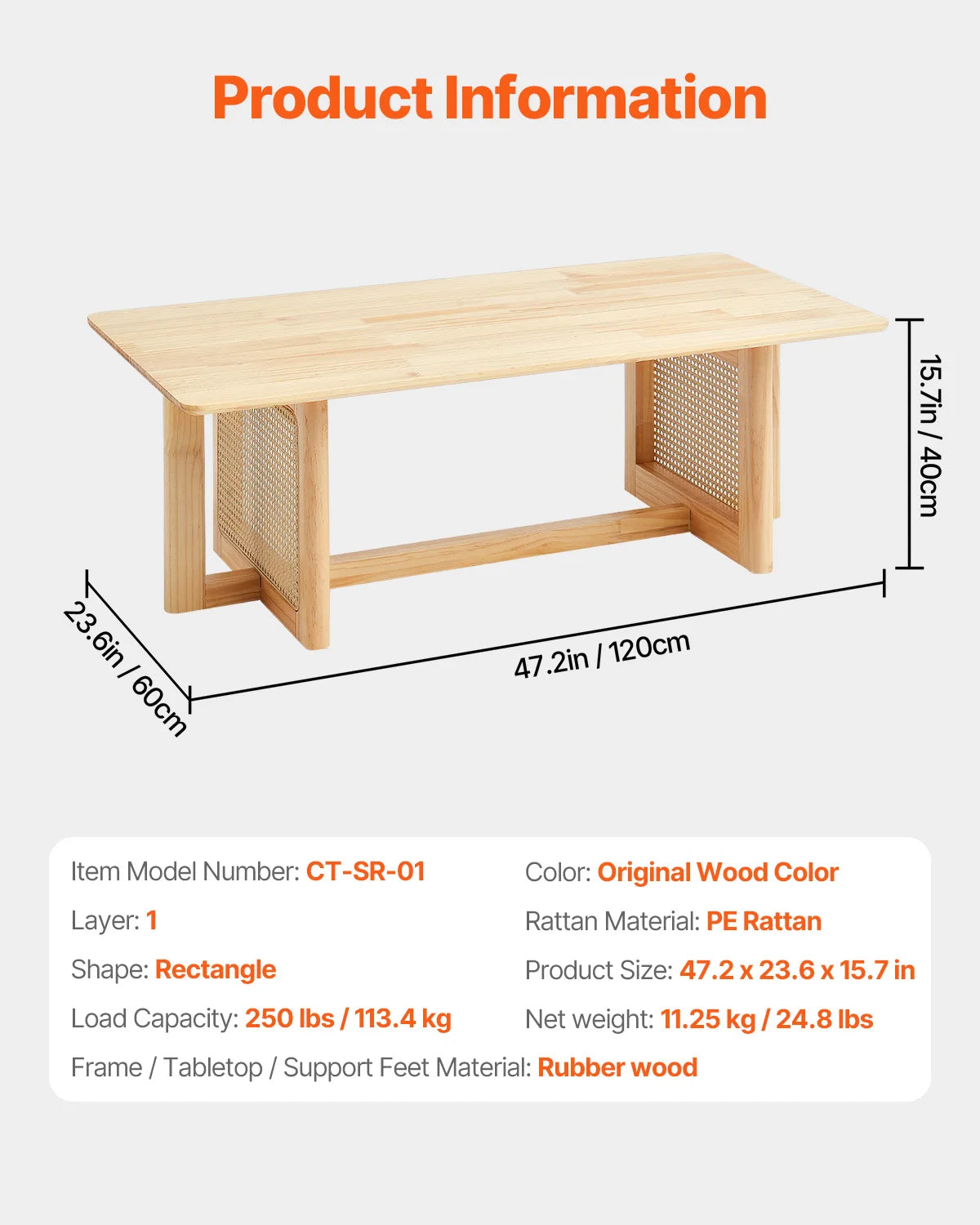Rattan Coffee Table with Storage Shelf Boho Rectangle 42–47in