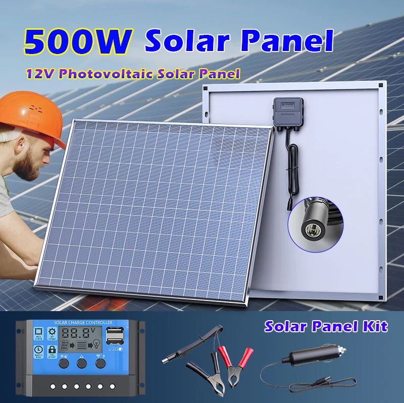 500W Rigid Monocrystalline Solar Panel with Aluminum Frame 12V Battery Charger for RV Camping Boat Home Off Grid Power USB