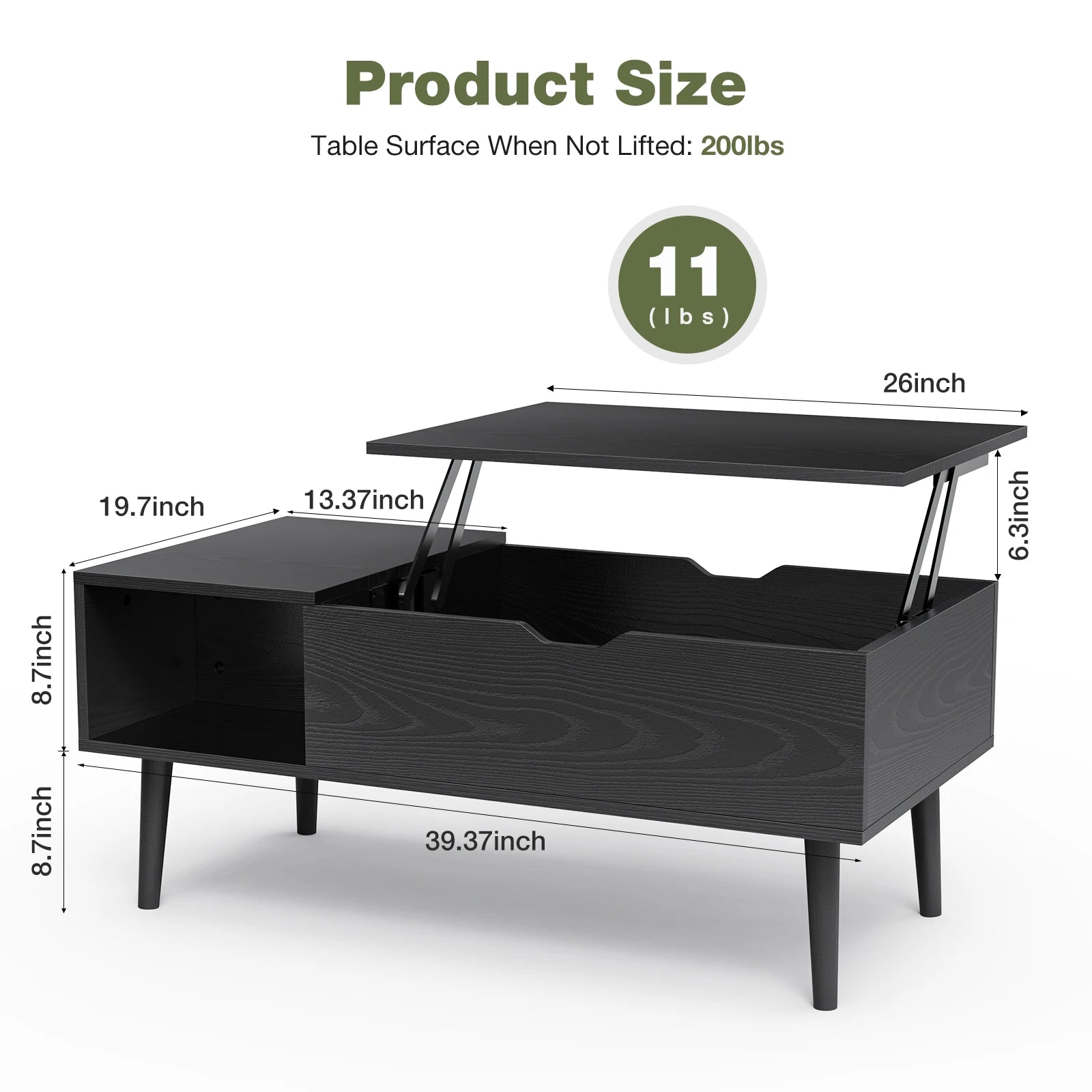 Couchtisch mit Hebefunktion und Ablagefach 39,37" Moderner Holztisch