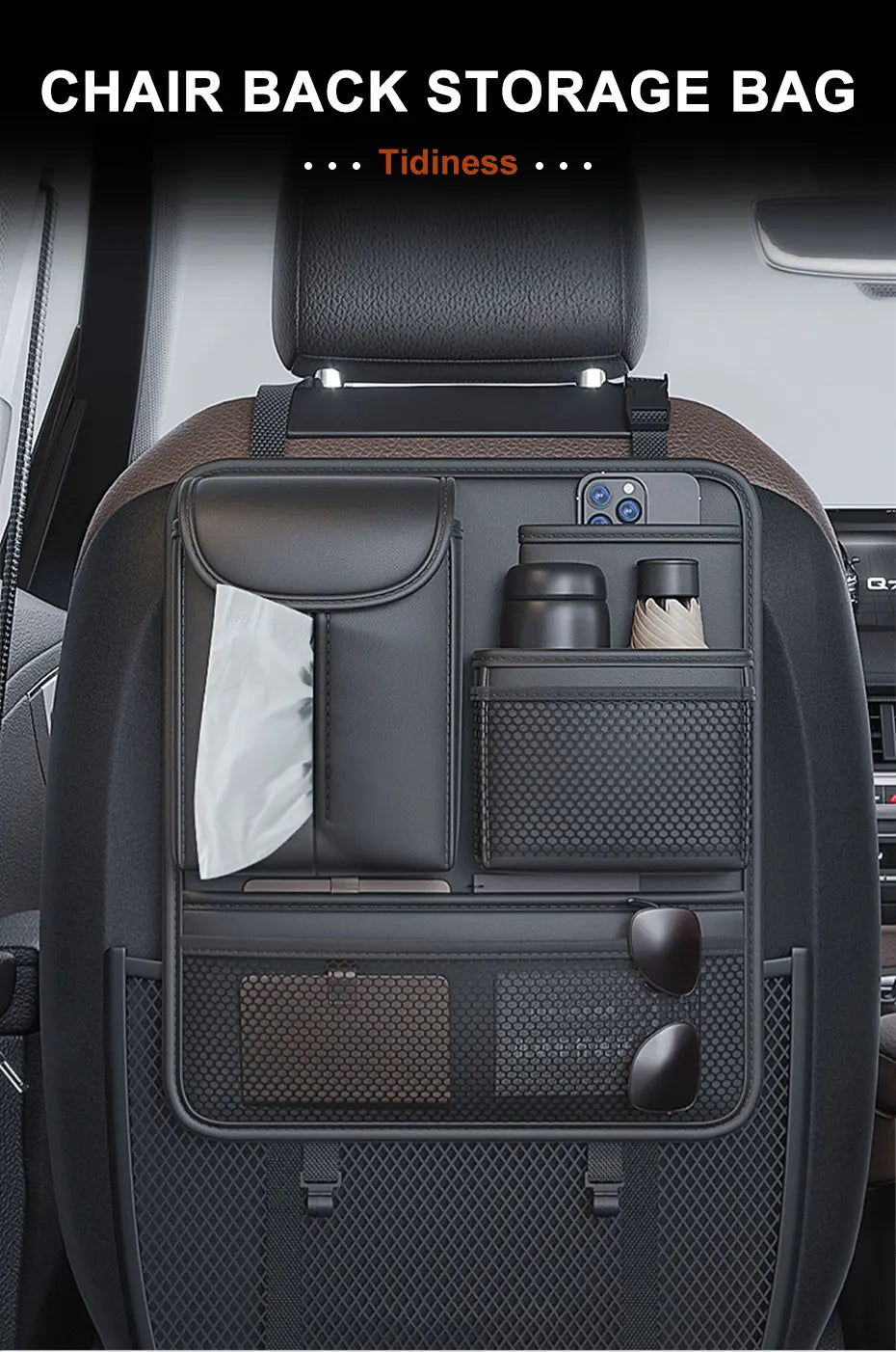 SEAMETAL Car Seat Back Organizer Rear Row Storage Bag with Elastic Band Nappa Leather Multi Pocket Anti Kick Pad Seat Protector