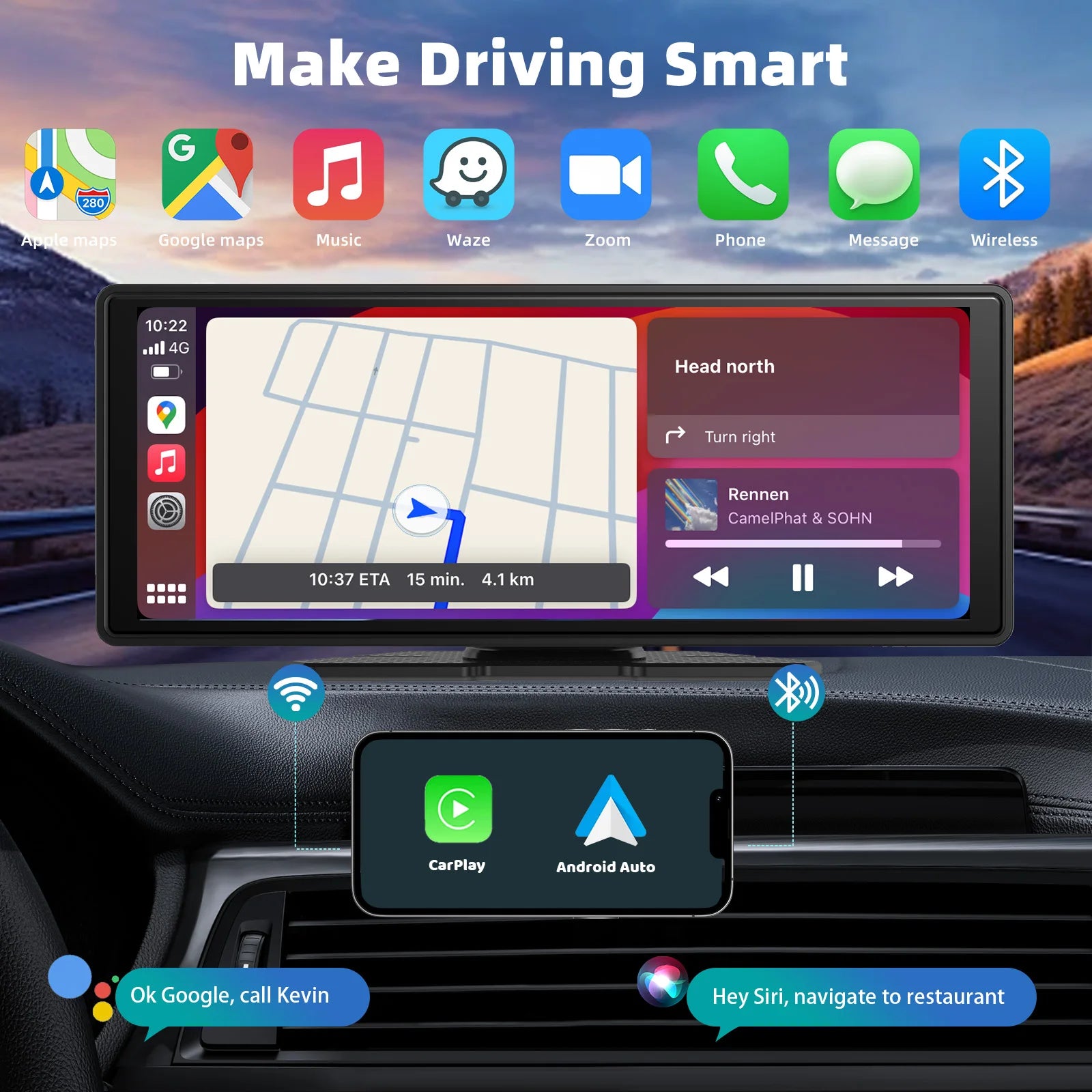 10,26" trådlös CarPlay- och Android Auto-pekskärm med backkamera