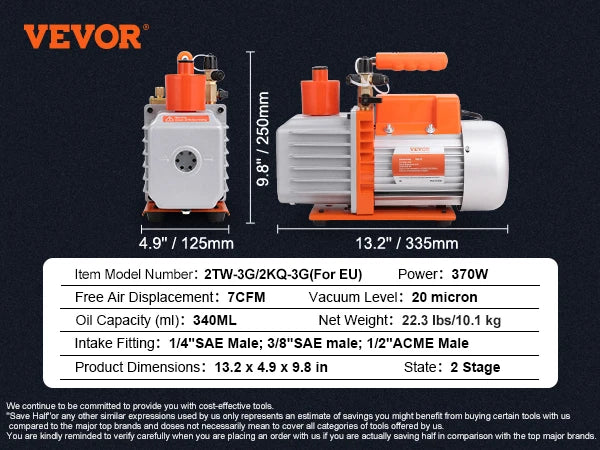 VEVOR HVAC-vacuümpomp 3,5–7 CFM 1- en 2-traps AC120V