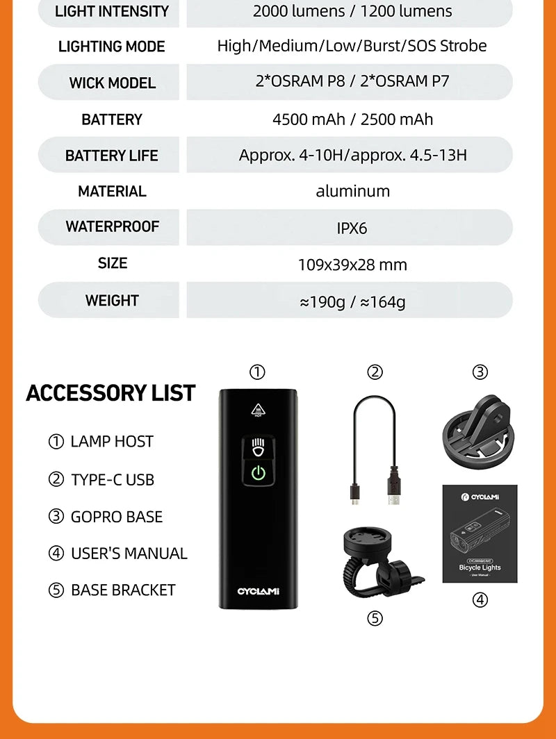 CYCLAMI 1000LM Bike Light Front Lamp Type-C Rechargeable LED 21700 4500mAh Bicycle Light Waterproof Headlight Bike Accessories 