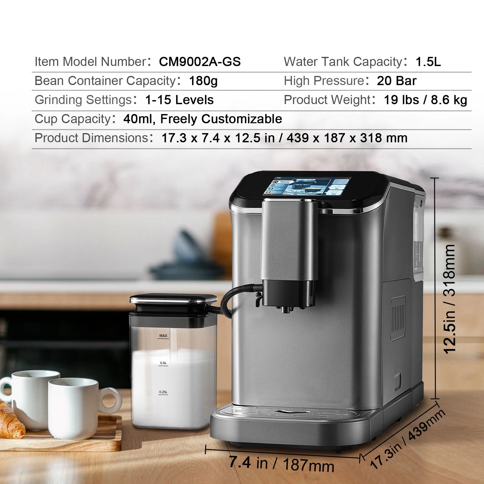 Automatic Espresso Machine with Grinder & Milk Frother Touch Screen