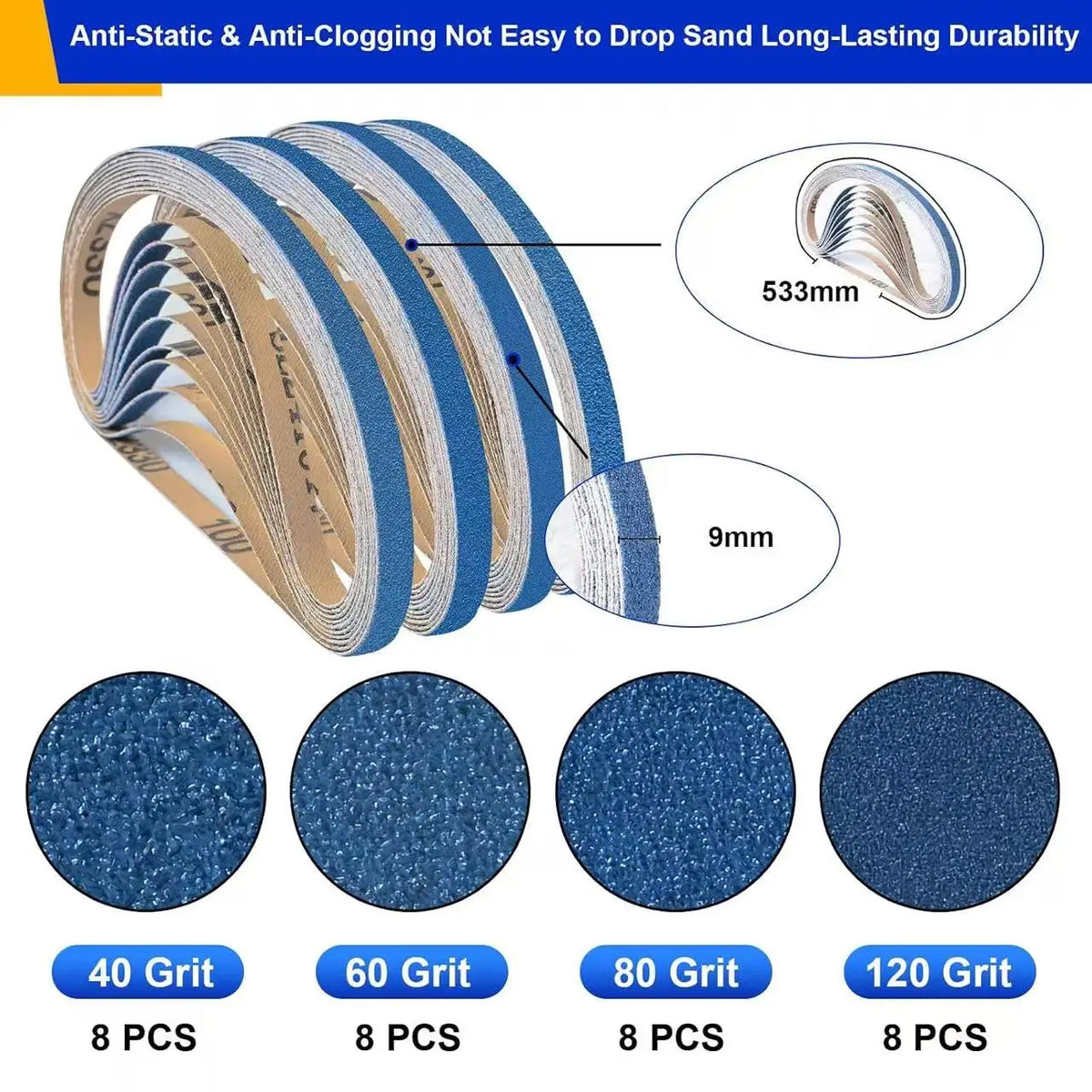 9 × 533 mm Zirconia Sanding Belts, 32 Pack