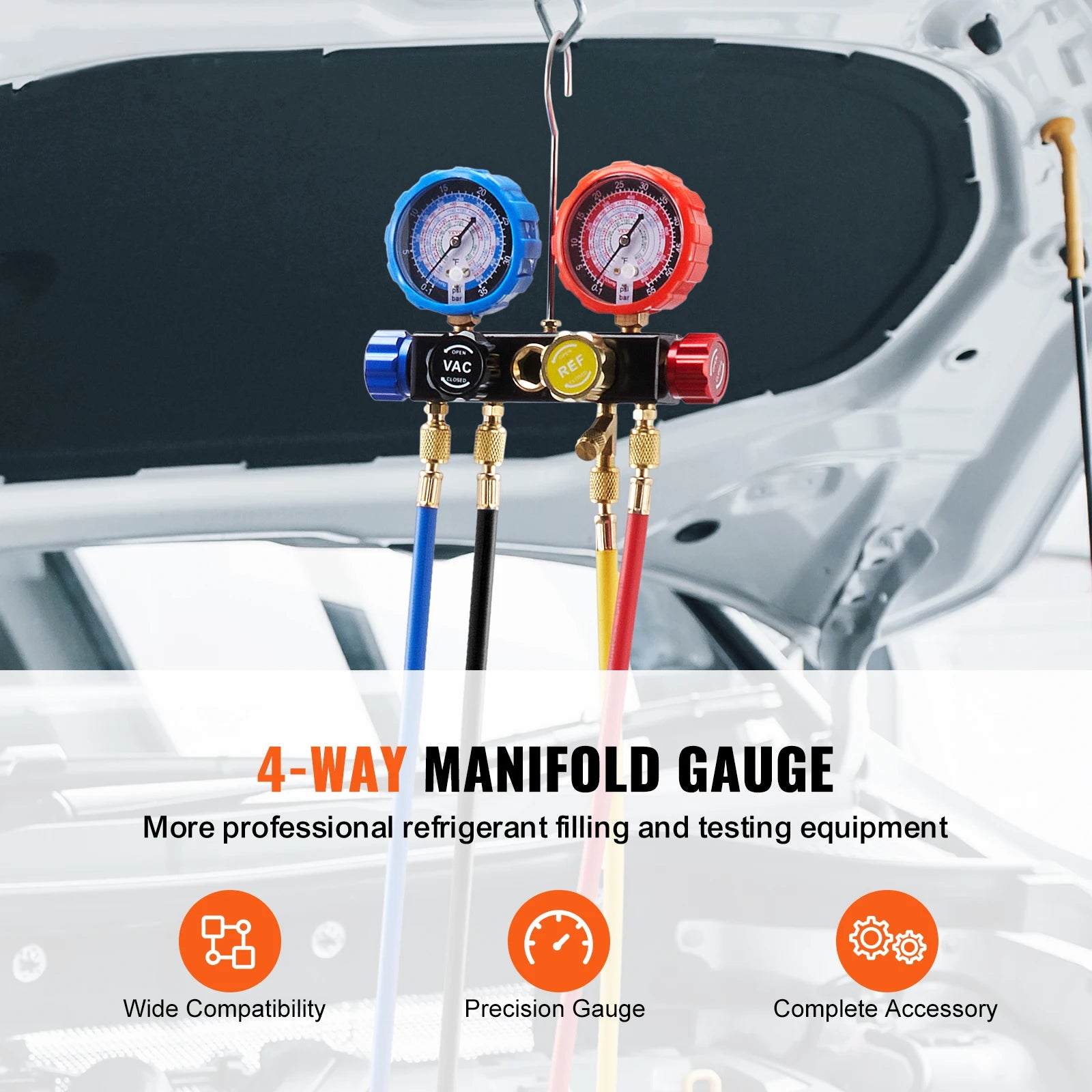 4-Way AC Manifold Gauge Set with 5ft Hoses for Refrigerant Service