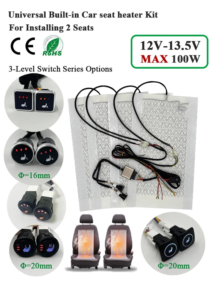 Uniwersalny zestaw podgrzewania foteli samochodowych 100W do zabudowy dla dwóch siedzeń