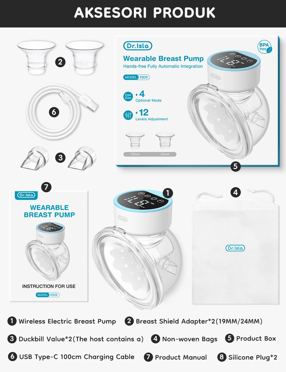MAMIJOY Wearable Electric Breast Pumps 4 Modes 12 Levels Portable Hands Free Breast Pump Silent Comfort With 19/24mm Flange EB26 