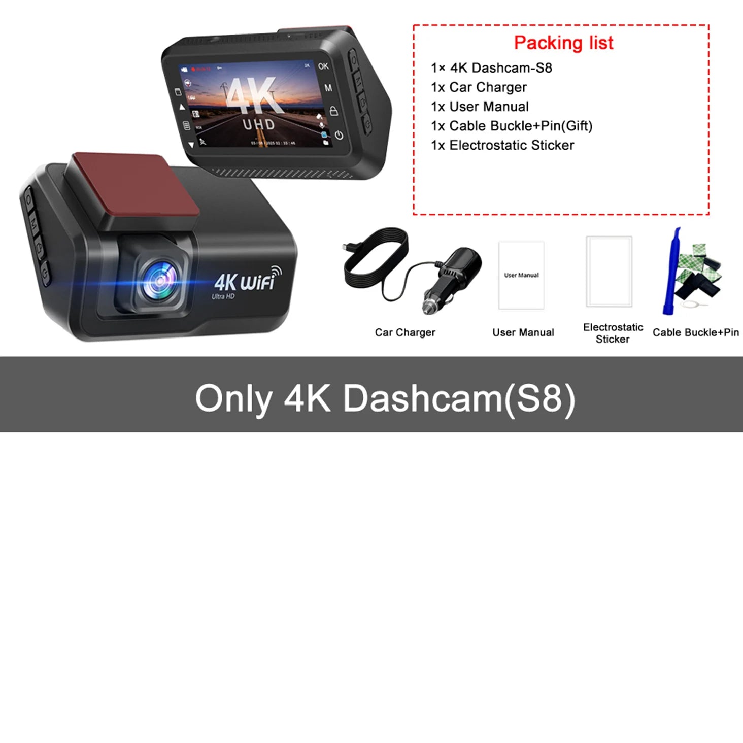 4K Front & Rear Dash Cam with WiFi, Night Vision & Parking Monitor