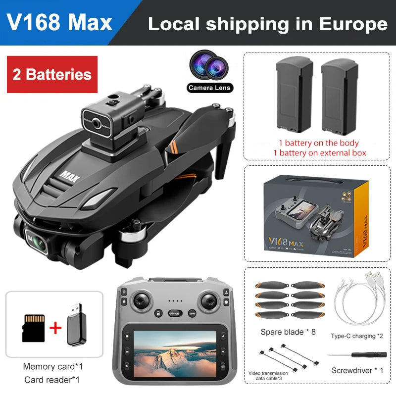 NEW V168 Pro MAX GPS Drone 4K Professional 1080P HD Camera 5G WIFI FPV Drone Brushless Motor 2 Batteries 4.5 Inch Large Screen Remote Control Quadcopter Boys Toys