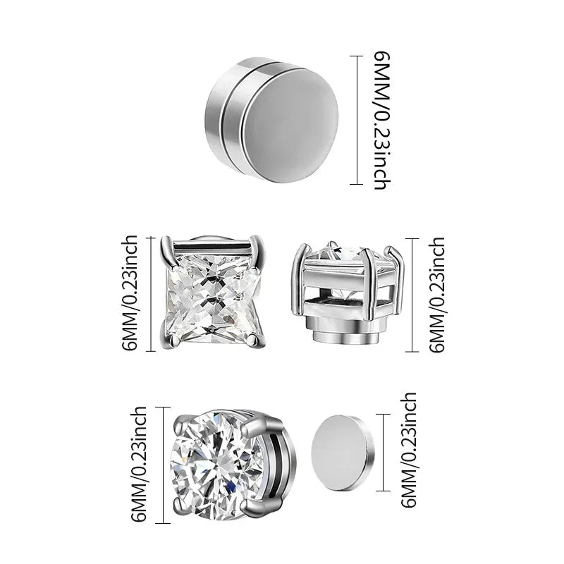 6 Pcset Strong Magnetic Ear Stud Clip Earrings for Men and Women Punk Round Zircon Magnet Earrings Non Piercing Jewelry 