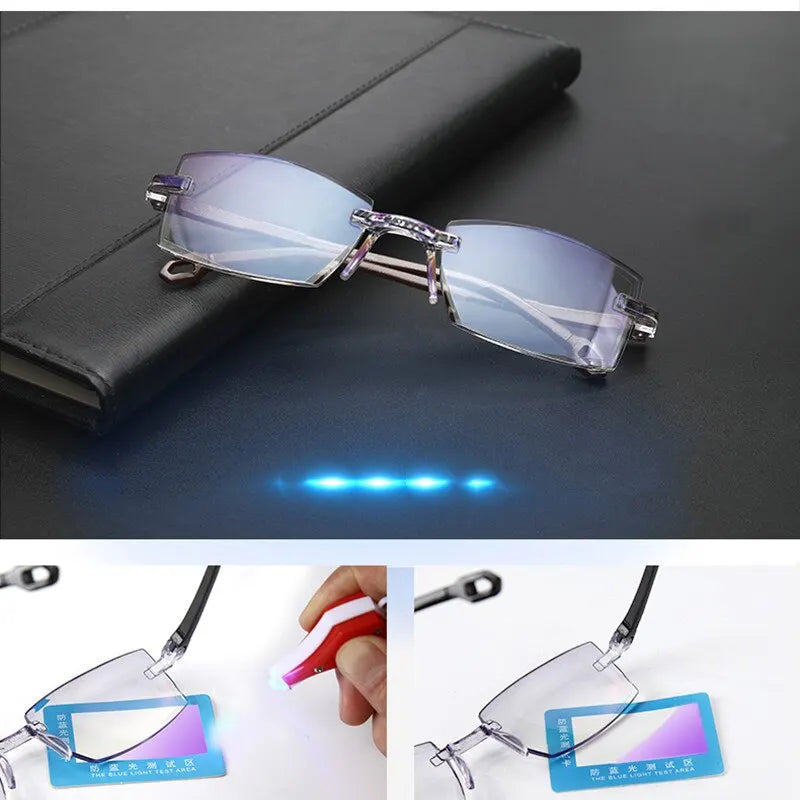 2 Pair New Men Women Rimless Reading Glasses Anti Blue Light Bifocal Far Near Magnification Eyewear Presbyopic Glasses +150 +200 