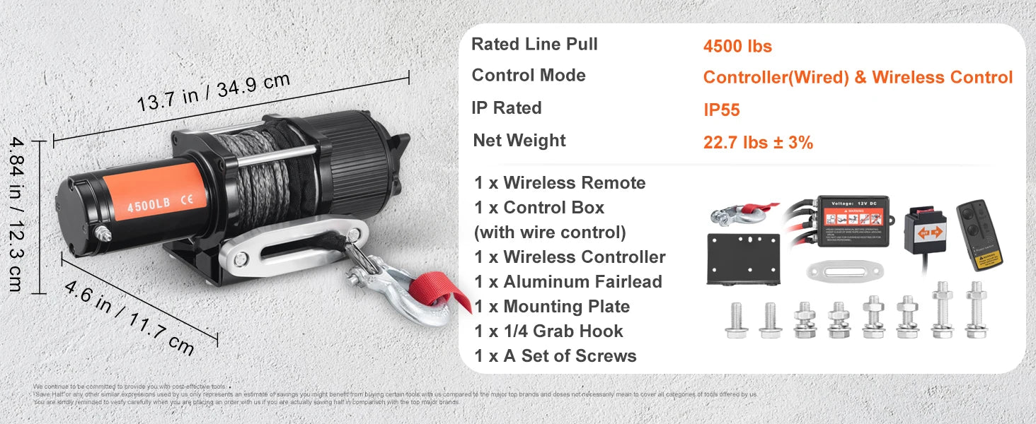 Verricello Elettrico da 4500 lb con Telecomando Wireless per ATV UTV Camion