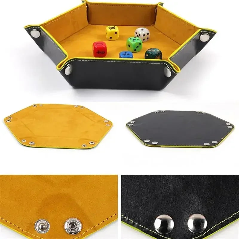 Bandeja hexagonal para dados, dobrável, em pele sintética PU, para jogos de dados como RPG, DND e outros jogos de mesa