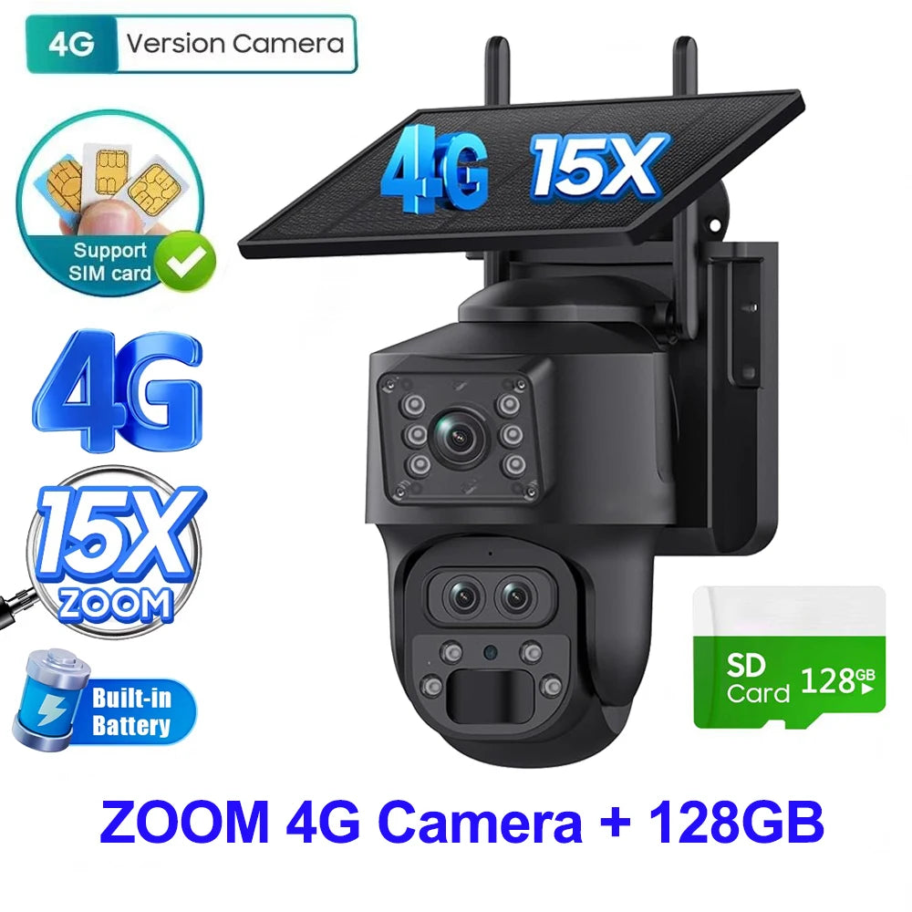 15X Zoom Solar 4G PTZ Security Camera 12MP Three-Lens 360 View