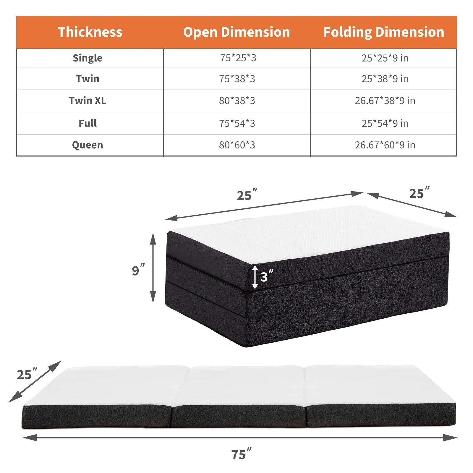 Tri-Fold Memory Foam Mattress with Washable Cover for Travel
