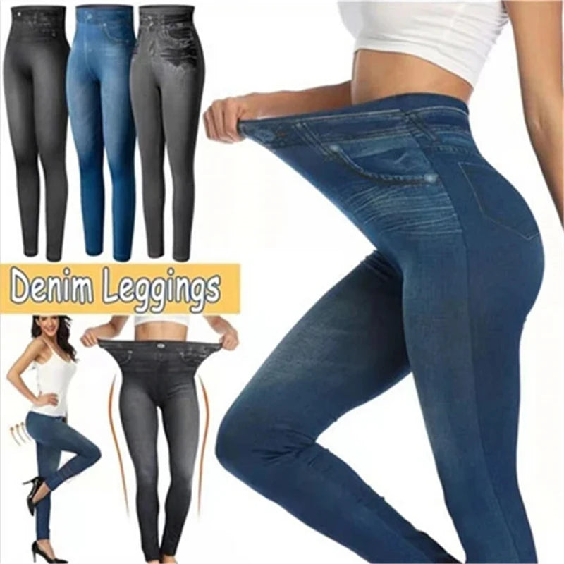 Ultra High Stretch Denim Inspired Leggings for Women High Waist Slim Fit Lifted Buttocks Tight Pants for Women 