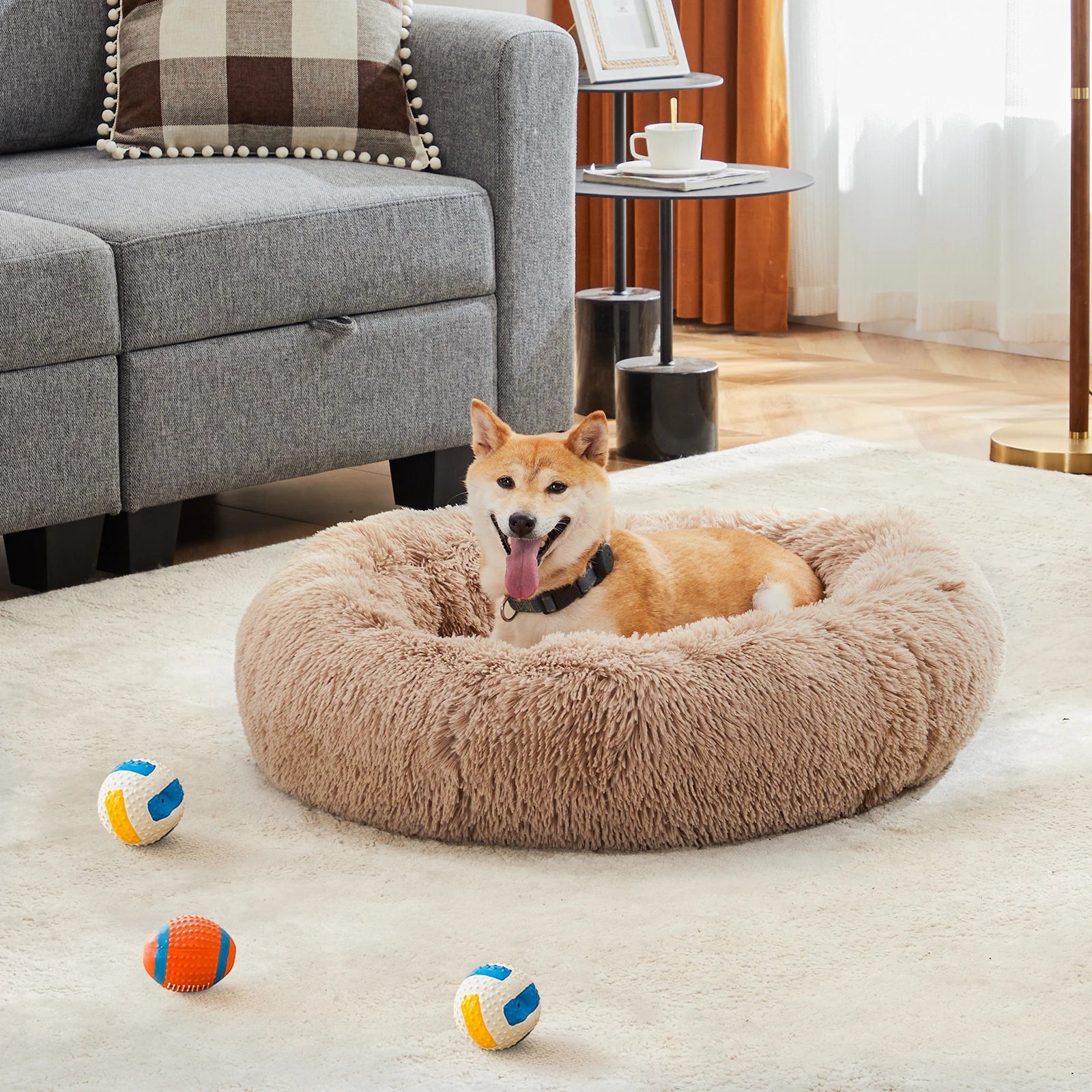 Round Plush Faux Fur Calming Dog Bed Washable Anti-Slip