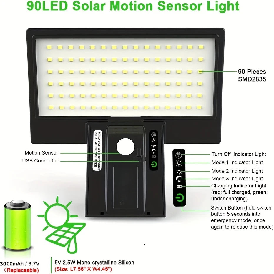 90-LED Solar Motion-Sensor Wall Light