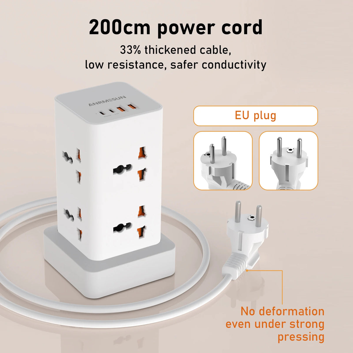 Tower Extension Power Strip with USB-C