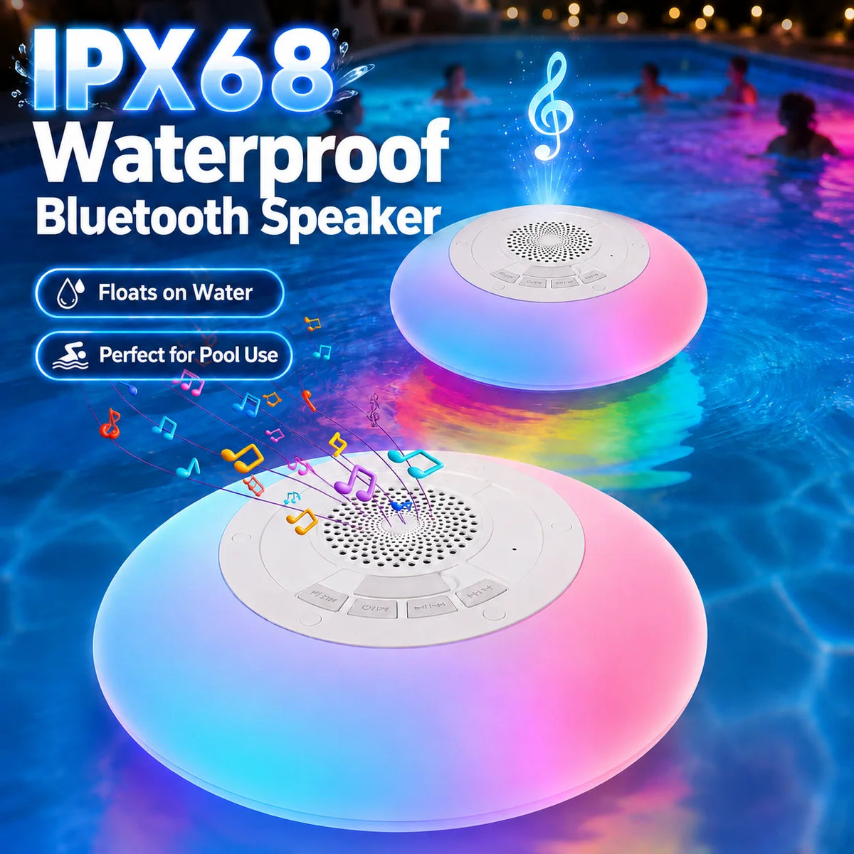 Bluetooth Pool Speaker with Colorful Lights, Portable Floating Wireless Speaker IPX68 Waterproof, Built-in Mic, Home, Hot Tubs