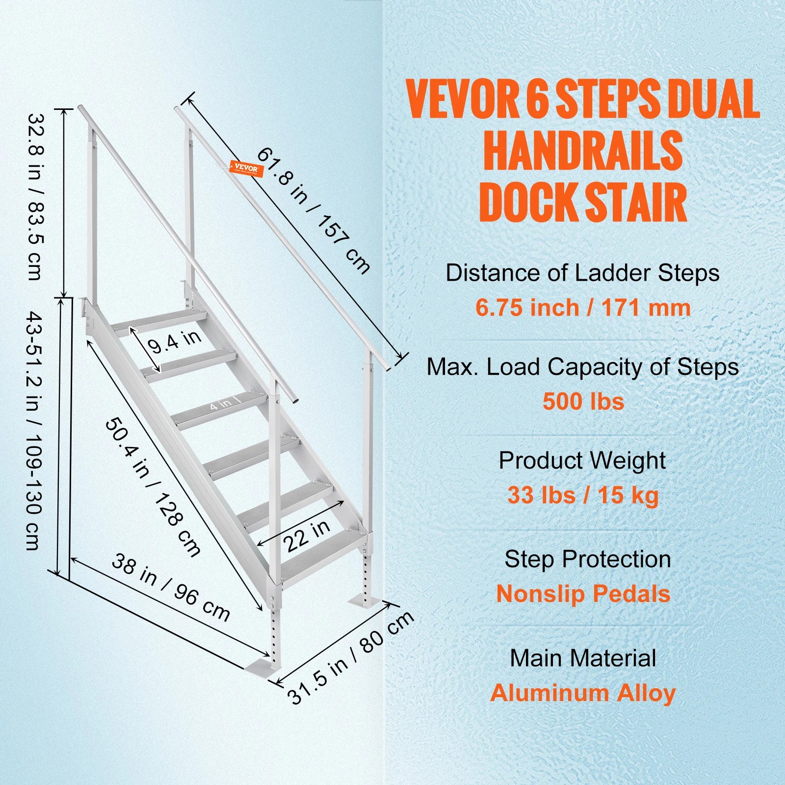 SucceBuy 4/6 Step Dual Handrails Dock Ladder Aluminum with Rubber Mat 30"-39" Adjustable Height for Lake Marine Boarding Pool