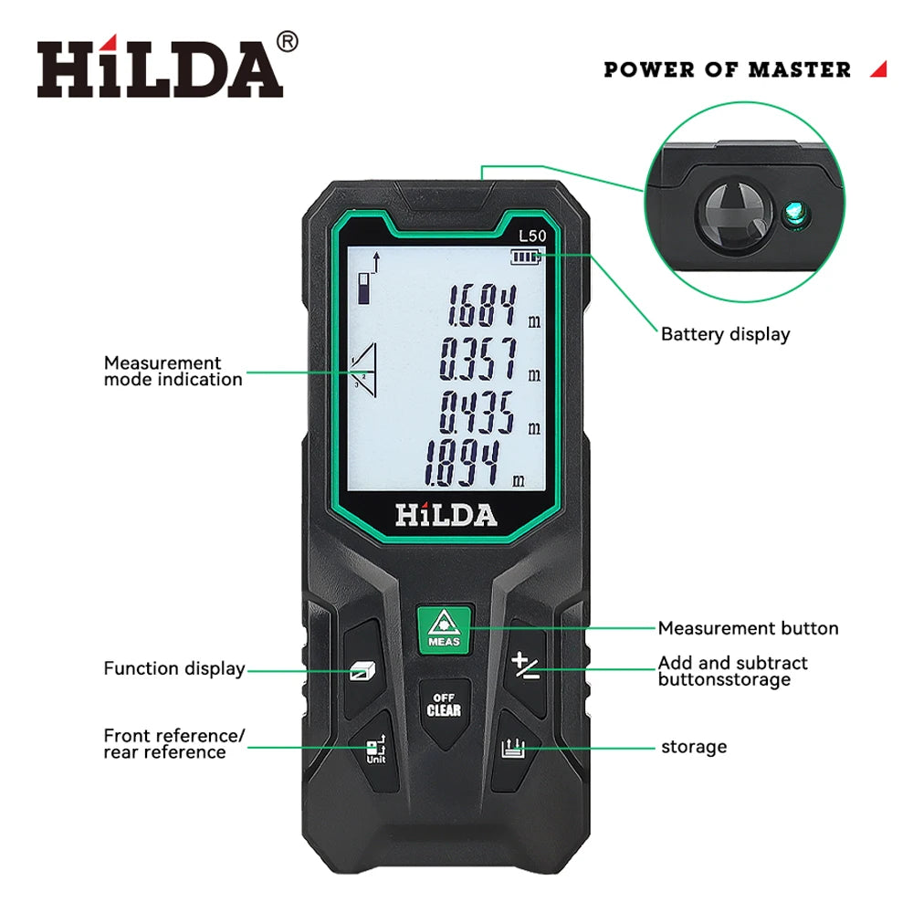 HILDA 50/100/120M Laser Rangefinder Red/Green Light Laser Distance Digital Tape Rechargeable and Measurable Angle Laser Measure 