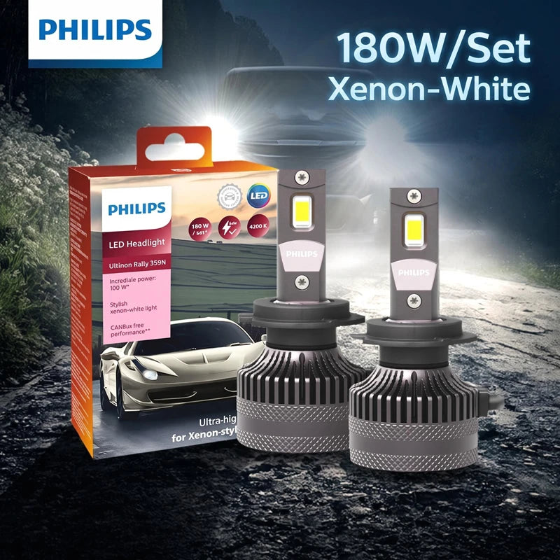Philips LED 15000lm Ultinon Rally 3590 H4 H7 H8 H11 HB3 HB4 H19 HIR2 H1 Auto světlomet 6500K Bílý Max Power 180W 12V 4200K U359N
