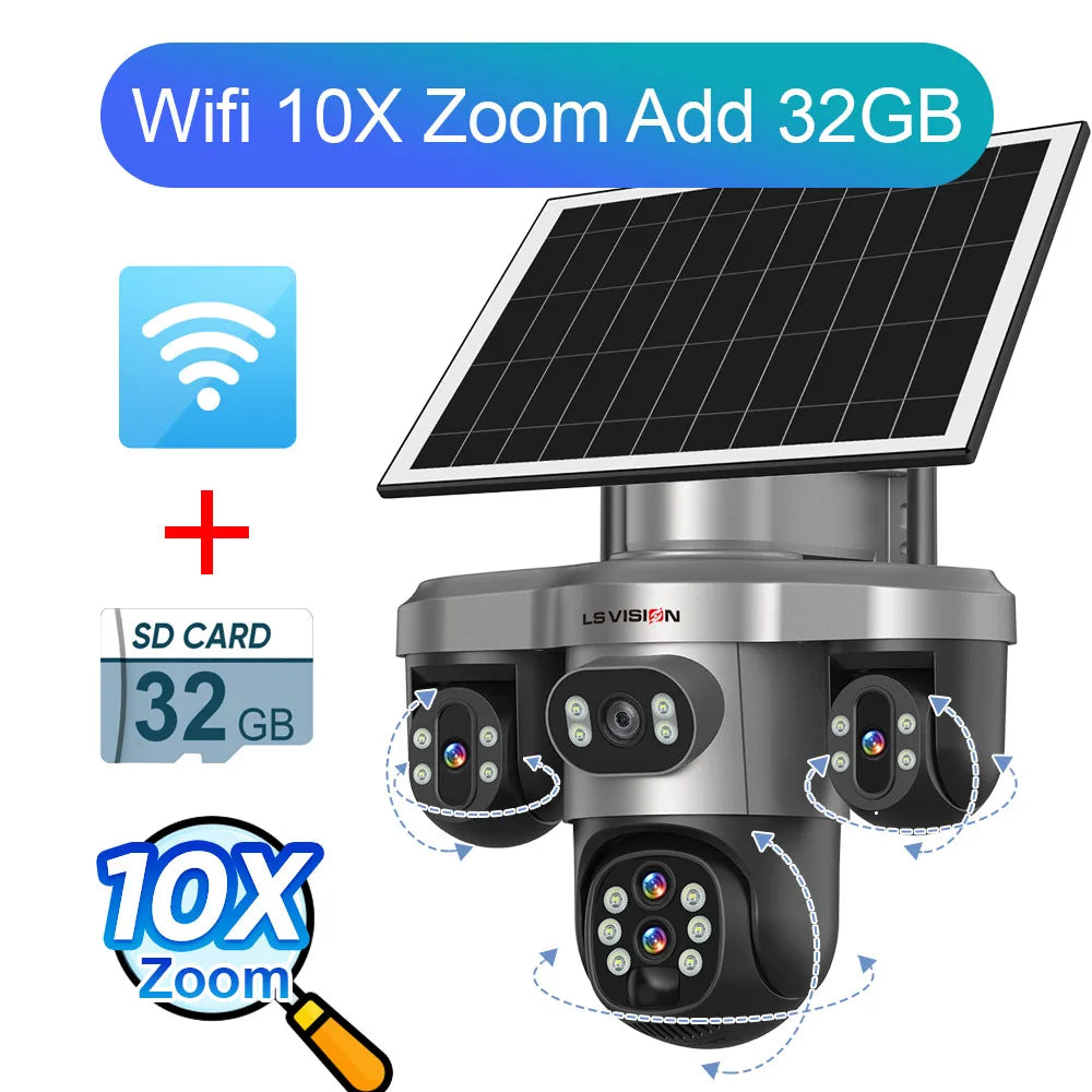 LS VISION 20MP 4 Lens Three Screen 4G Solar Camera Outdoor WiFi 10X Optical Zoom Auto Tracking Wifi Surveillance Camera V380 Pro 