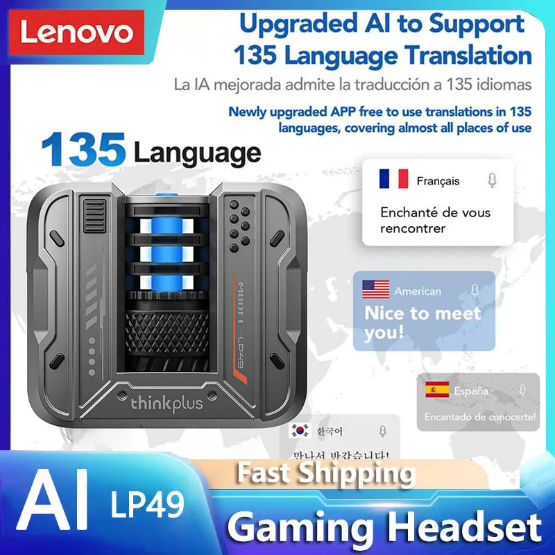 Lenovo LP49 AI Translation Headphones Wireless Bluetooth 5.4 Noise Reduction HD Call Earbuds Office Travel Real Time Translation 