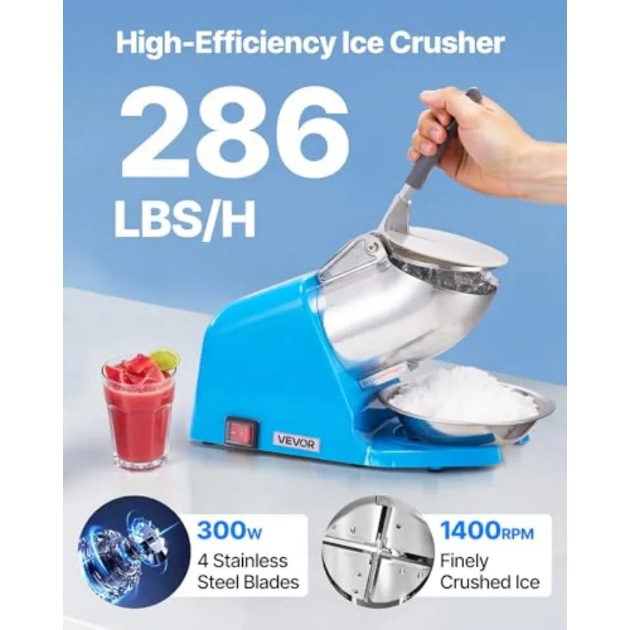 Electric Ice Crusher Machine 286 lbs/hr 4-Blade Snow Cone Maker