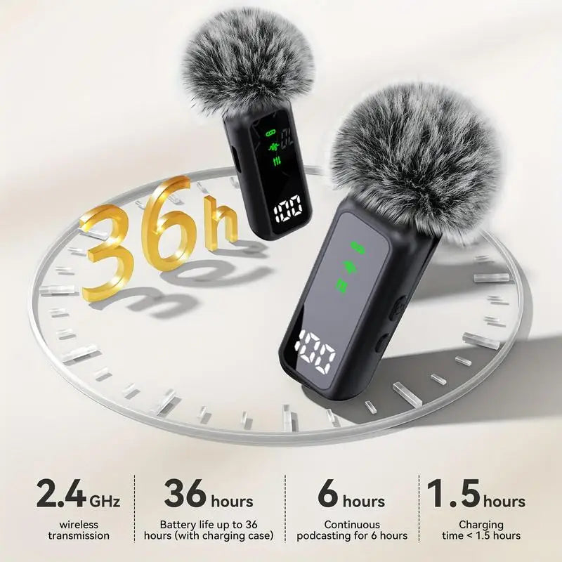 Clip‑On Wireless Lavalier Lapel Microphone Kit, LED Battery Indicator Charging Case, 36‑Hour Long Working Time, DSP Noise Reduction, 135‑Ft Transmission Range, Plug‑And‑Play Mic Compatible With IPhone, IPad, Android