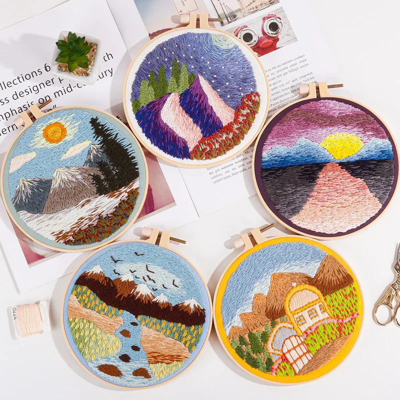 Printed Landscape Embroidery Kit, Hoop Options